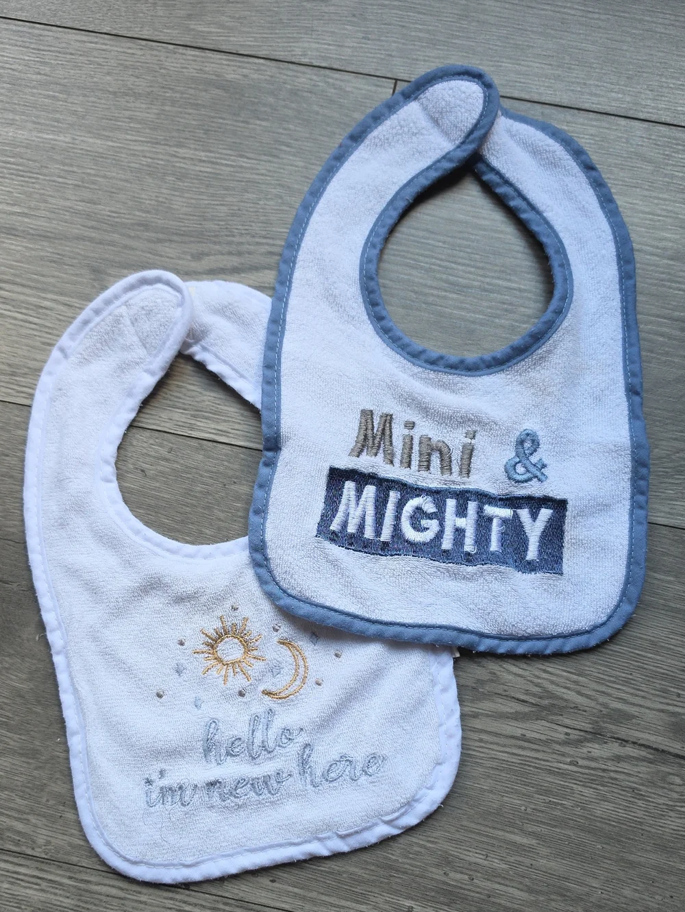 3/$6 Blue-Trim Baby Bib Duo
